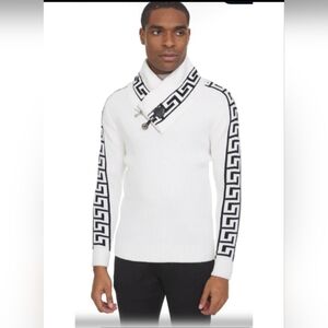 Barabas Men’s White Shawl Collar Sweater Greek Key Zip Pullover 4XL